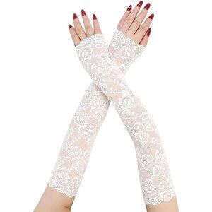 Women's A-White Floral Lace Long Arm Sleeves Hollow Fingerless Gloves Design